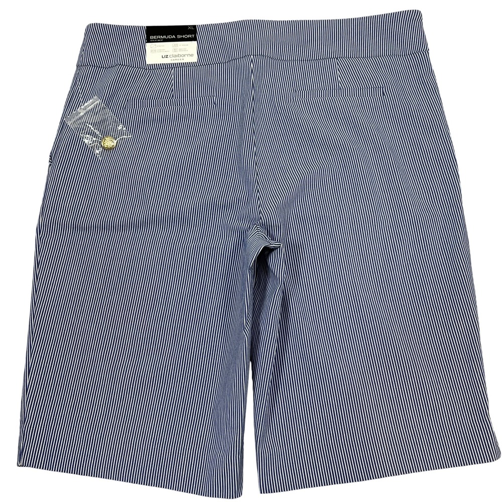 Liz Claiborne Bermuda Shorts XL Blue White Stripe Gold Button Nautical Pull-On - Picture 2 of 10